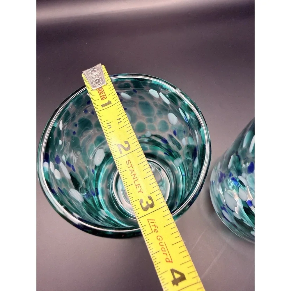 Vintage Hand Blown Art Glass Tumblers Set of‎ 2 Blue Green Confetti Coastal